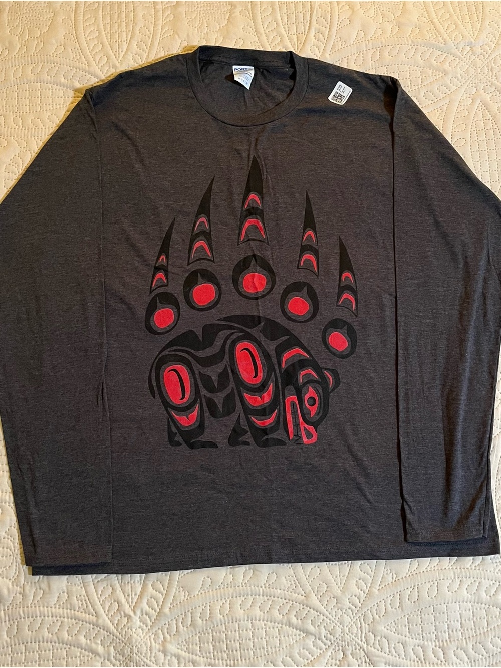 Gildan Long-Sleeve Graphic Tee in Charcoal with Red Accent